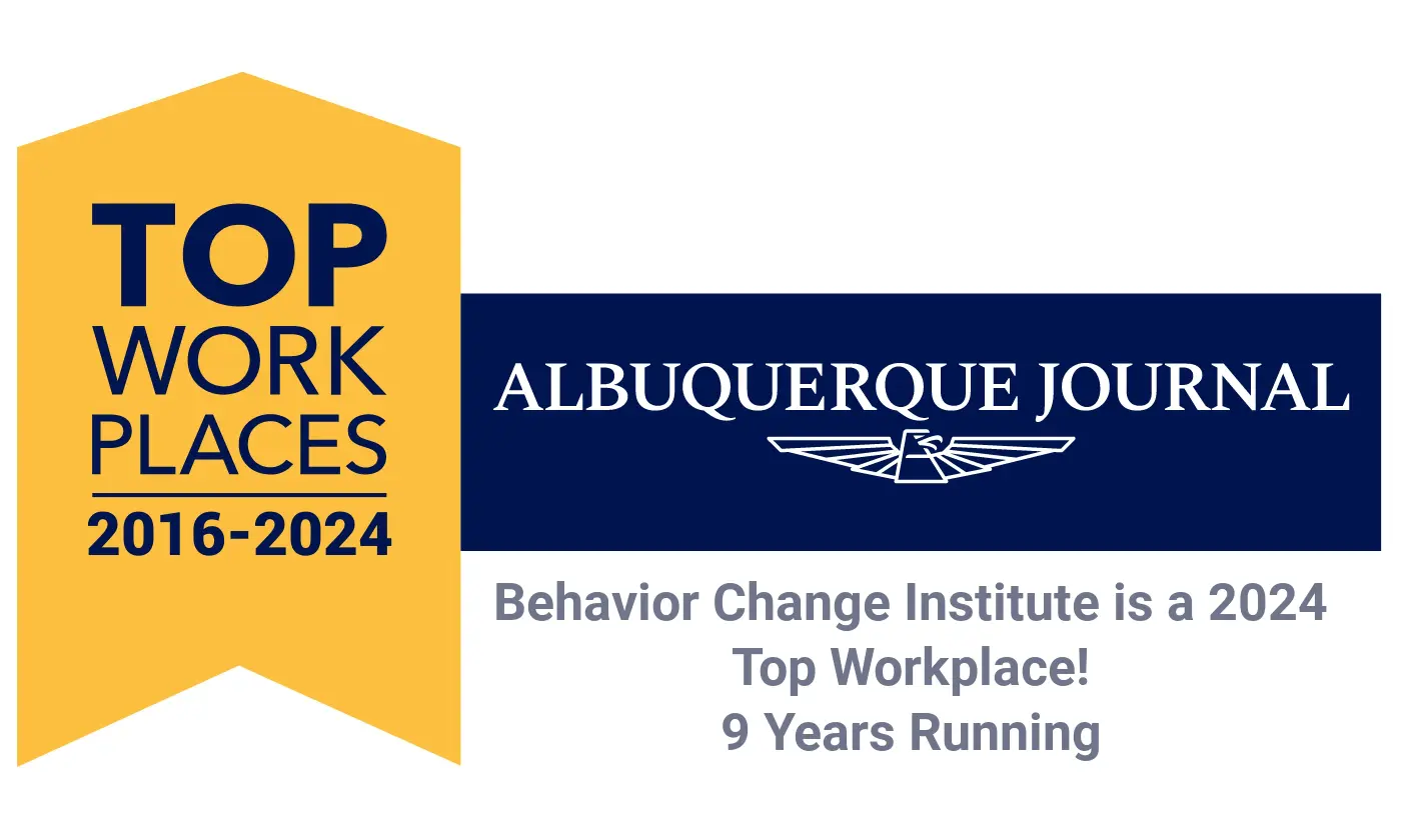 Yellow ribbon graphic reads "Top Workplaces 2016-2024." Next to it, text states "Behavior Change Institute is a 2024 Top Workplace! 9 Years Running" with Albuquerque Journal logo—now hiring for Autism Therapy Jobs.